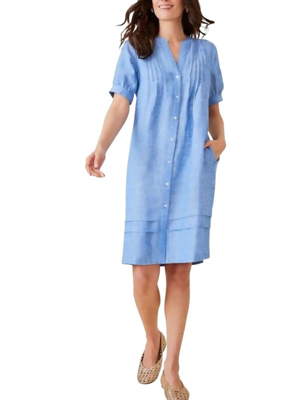 J. Mclaughlin Blue Linen Pintuck Puff Sleeve Pocket Dress Sustainable Size S